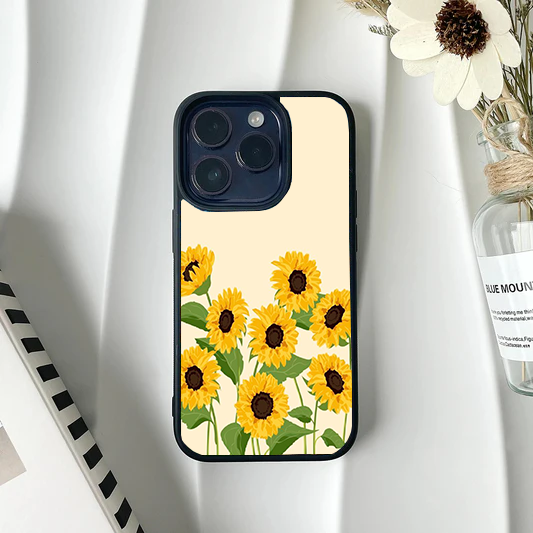 Phone case showing illustrated yellow sunflowers growing from the bottom on a pale cream background.